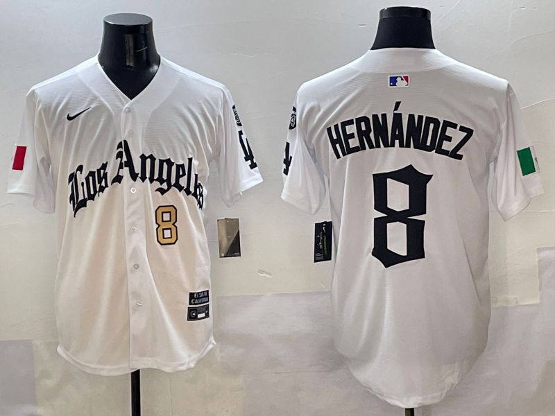 Men Los Angeles Dodgers #8 Hernandez White Five generations Joint Name 2025 Nike MLB Jersey style 4